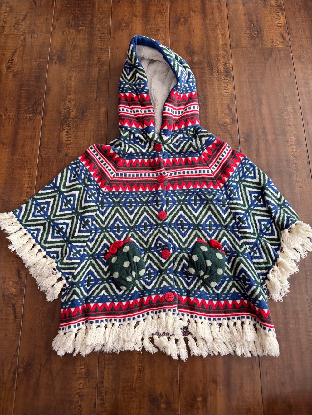 Girls Multicolor Hooded Poncho Jacket - Cozy Fringe Hooded Coat